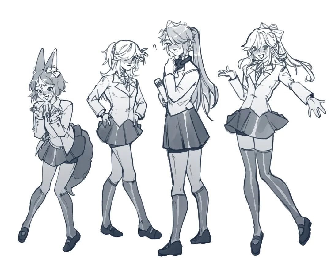 the image contains a sketch of four animestyle schoolgirls in various poses.  one girl has fox ears and a tail.  they are all wearing similar school uniforms consisting of pleated skirts, blazers, and kneehigh socks. the art style is loose and sketchy, in grayscale. the girls exhibit different expressions and body language, ranging from shy to playful. the overall style suggests a lighthearted and informal illustration.