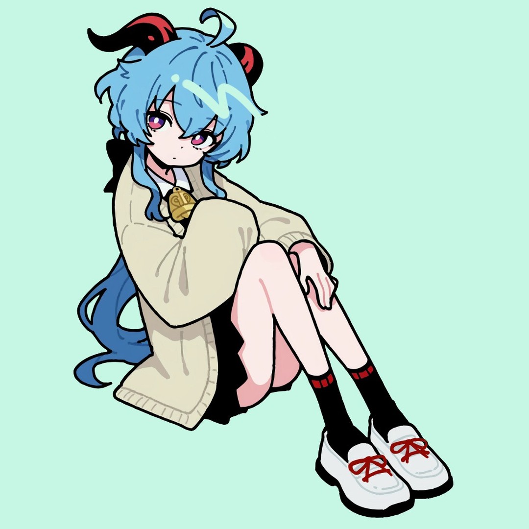 the image is a digital drawing or illustration of a cute animestyle girl. she has bright blue hair with short, dark red horns and is dressed in a beige cardigan over a darkcolored school uniformstyle skirt. she is sitting with her legs bent and is wearing black socks and white shoes with red laces. her expression is somewhat melancholic. the background is a pale, light teal color. the overall style is reminiscent of chibi or kawaii anime art.