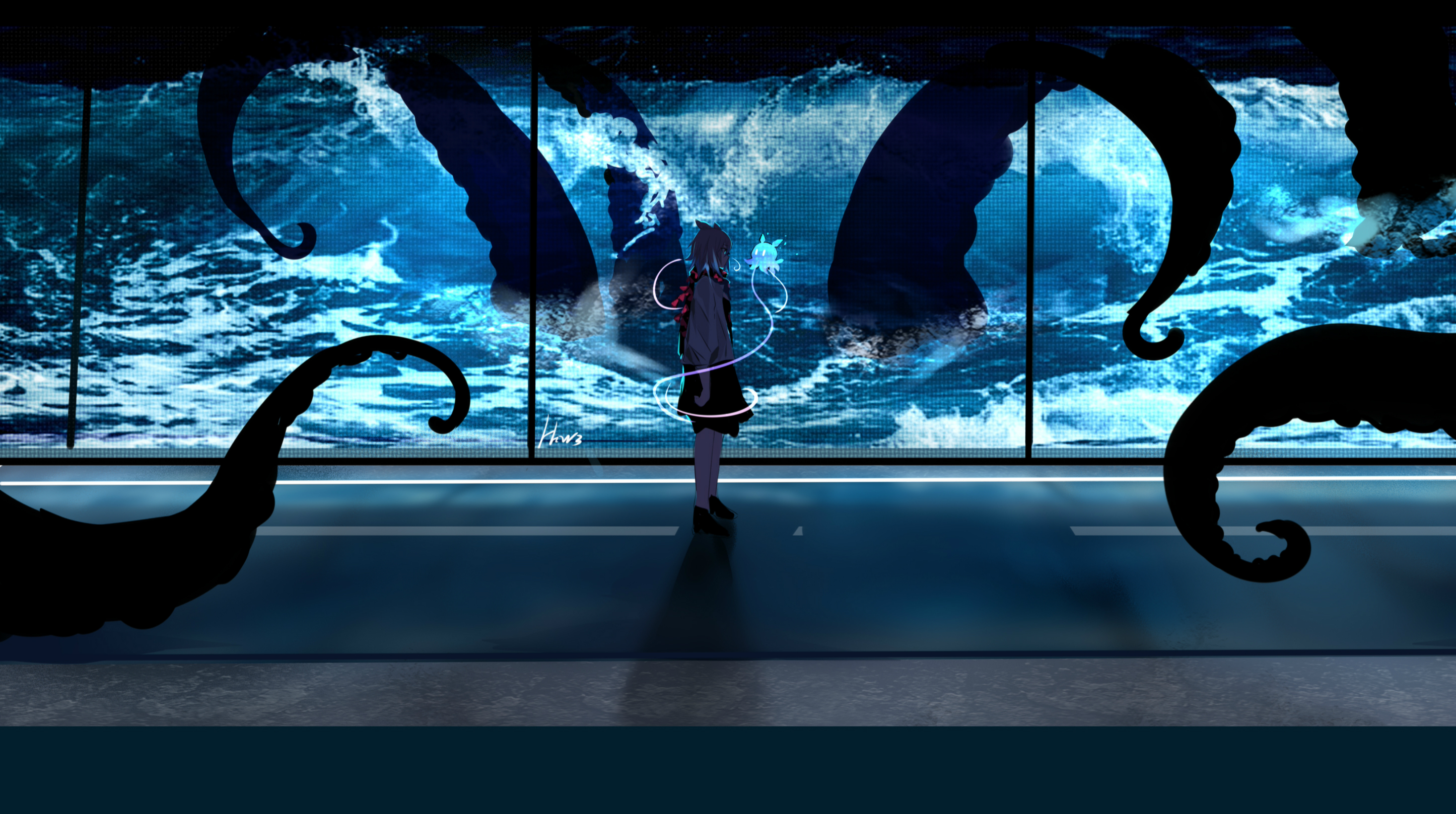 he artwork depicts an animestyle girl standing in a futuristic corridor. behind her, a large screen displays a stormy ocean with giant octopus tentacles emerging from the water. the scene is dark and mysterious, with the girl seemingly dwarfed by the immense scale of the ocean and the tentacles that seem to extend into the corridor, creating a sense of isolation and unease. the overall style is digital and highly stylized, with a focus on contrasts of light and dark, and a compelling sense of depth.