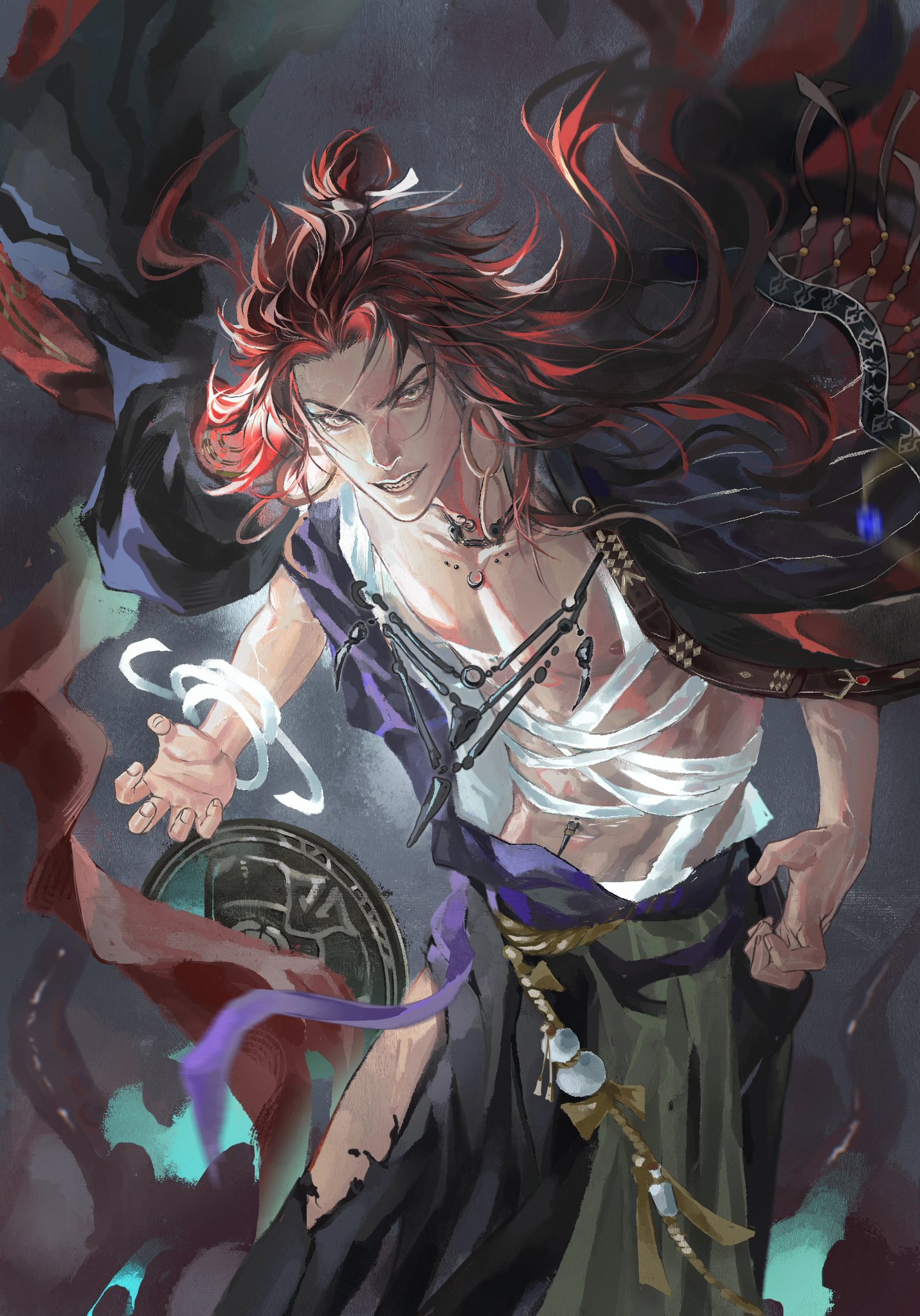the image depicts a powerful and mysterious anime character.  a man with flowing red hair, a mischievous grin, and a sharp gaze. he wears a dark purple robe, adorned with gold and silver jewelry. the character appears to be in the middle of a battle,  his left hand outstretched, and a dark circular object in his right hand. the image evokes a sense of danger, mystery, and power.