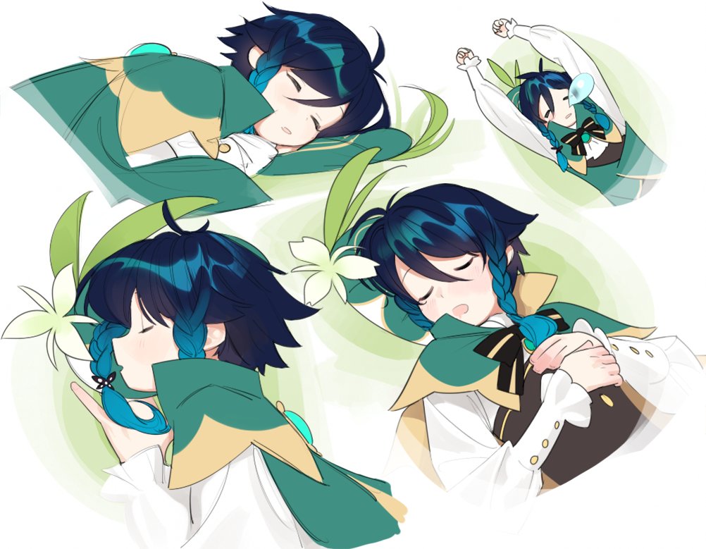 the image features four depictions of a young, androgynous anime character with blue and black hair styled with a small braid. they are wearing a green and white outfit with gold accents. each panel showcases the character in a different sleeping pose, conveying a sense of peacefulness and tranquility. soft lighting and a pastel color palette enhance the overall dreamlike atmosphere.