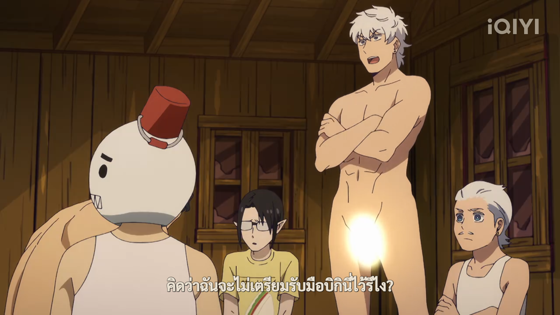 the image shows a scene from what appears to be an anime. four men are in a wooden room, seemingly reacting to something offscreen with varying degrees of surprise and concern. a man with white hair stands shirtless in the center, his arms crossed with a confident expression. he appears to be the source of the other men's reactions. to the left, a stylized character resembling a snowman with a bucket hat on his head looks at the shirtless man with a neutral expression. to the right, a man with short black hair and glasses wears a concerned expression. the man on the far right, also with white hair, appears worried. the scene is brightly lit, suggesting a daytime setting. the overall mood is humorous, hinting at a comedic situation.