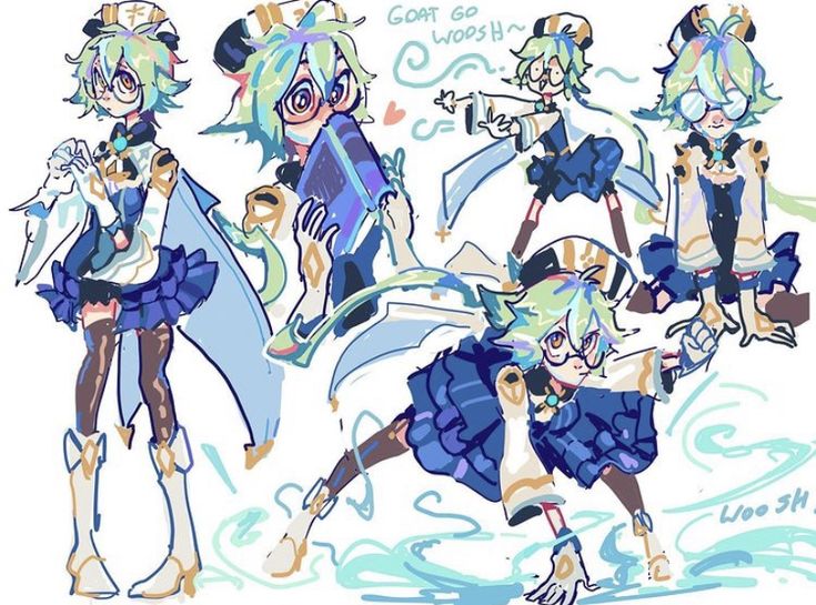 the image is a vibrant digital fanart depicting a single animestyle female character in multiple dynamic poses.  the character has pale skin, light green hair, and glasses.  she's dressed in a variation of a light blue and white outfit with gold accents and a short, pleated skirt.  in several of the poses, she appears to be moving at speed, suggested by motion lines and a "woosh" text annotation. the style is loose and expressive, characteristic of a quick sketch or concept art. the overall aesthetic is cute, playful, and whimsical.  there's also an annotation "goat go woosh" suggesting a character trait or action.