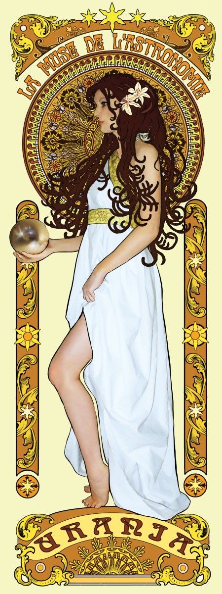 the image depicts urania, the muse of astronomy, in an art nouveau style. she is a woman with long brown hair, adorned with flowers, wearing a flowing white dress with a gold sash. she holds a golden orb. the image is framed by ornate, symmetrical borders with star motifs, and the top of the frame contains the french phrase "la muse de l'astronomie". at the bottom, the name "urania" is written in a decorative font. the overall aesthetic is reminiscent of classic art nouveau posters, featuring flowing lines and celestial symbolism.