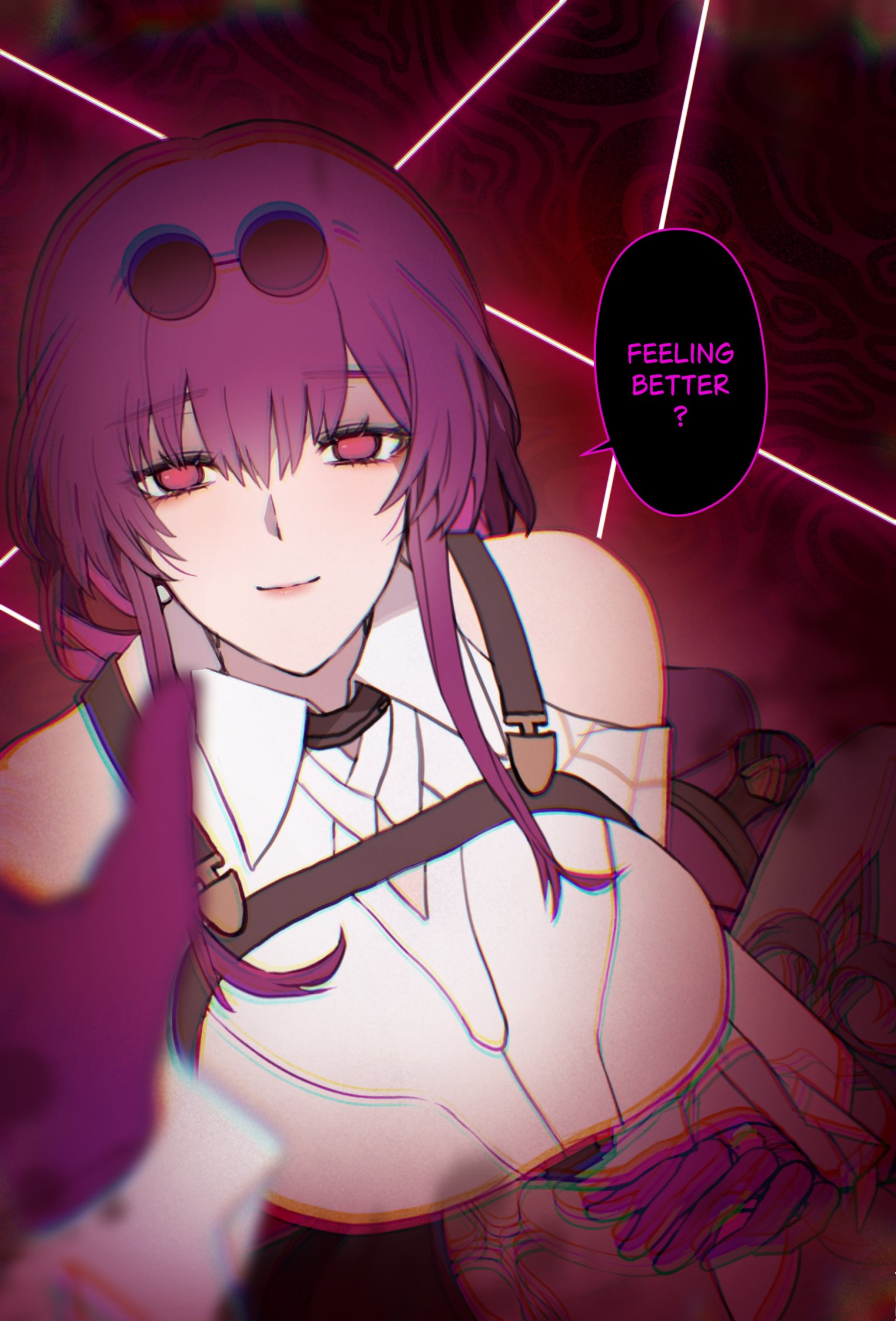 a digital painting of a girl with pink hair and purple eyes. she's wearing a white shirt, glasses, and a smile. she's also holding a large, black and white speech bubble that reads "feeling better?". the background is a red and purple geometric pattern.