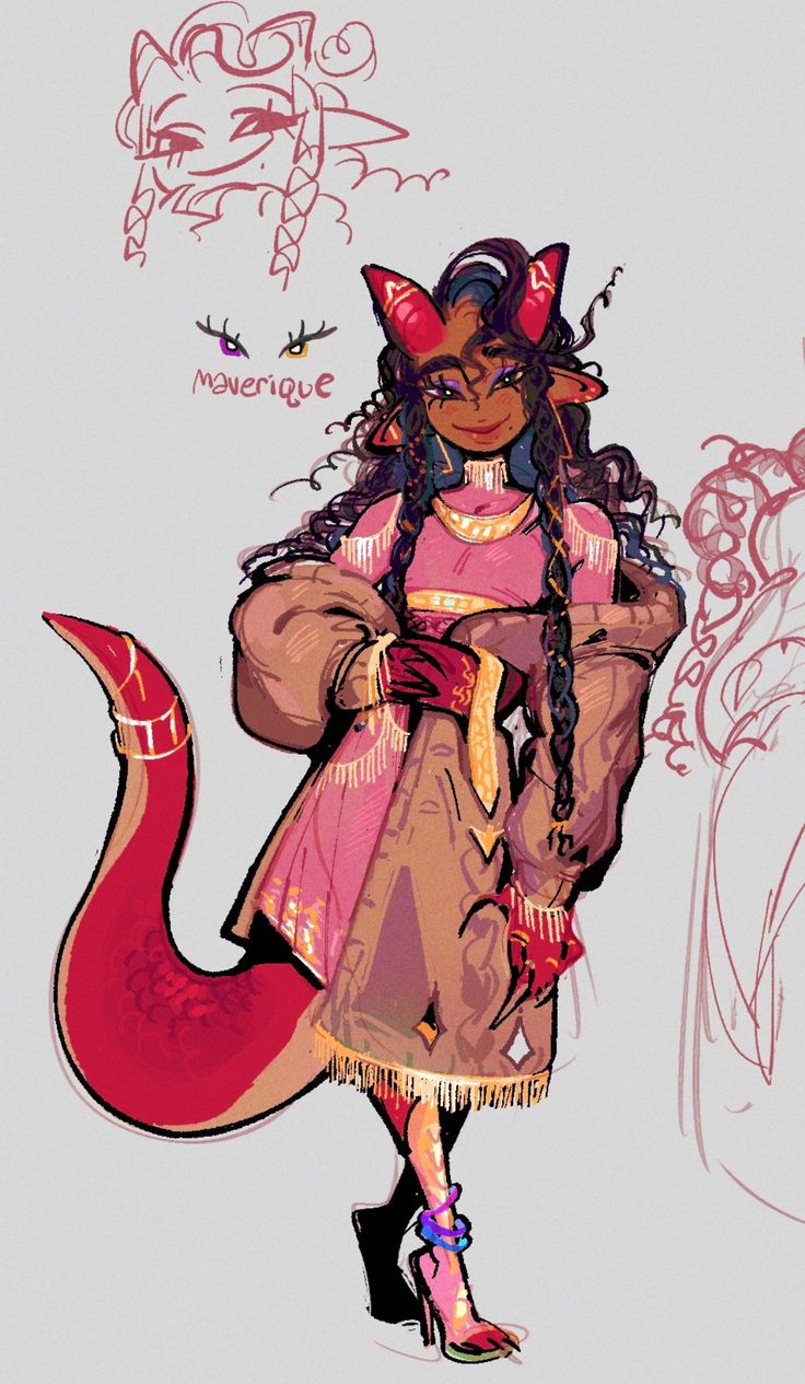 this is a digital drawing of a woman with red horns, a red tail, and long curly black hair. she is wearing a pink and gold dress with a brown jacket and a pair of purple and gold highheeled shoes. she is standing with her right hand in her jacket pocket, her left hand is holding the fringe of her jacket. she is looking forward with a confident expression.