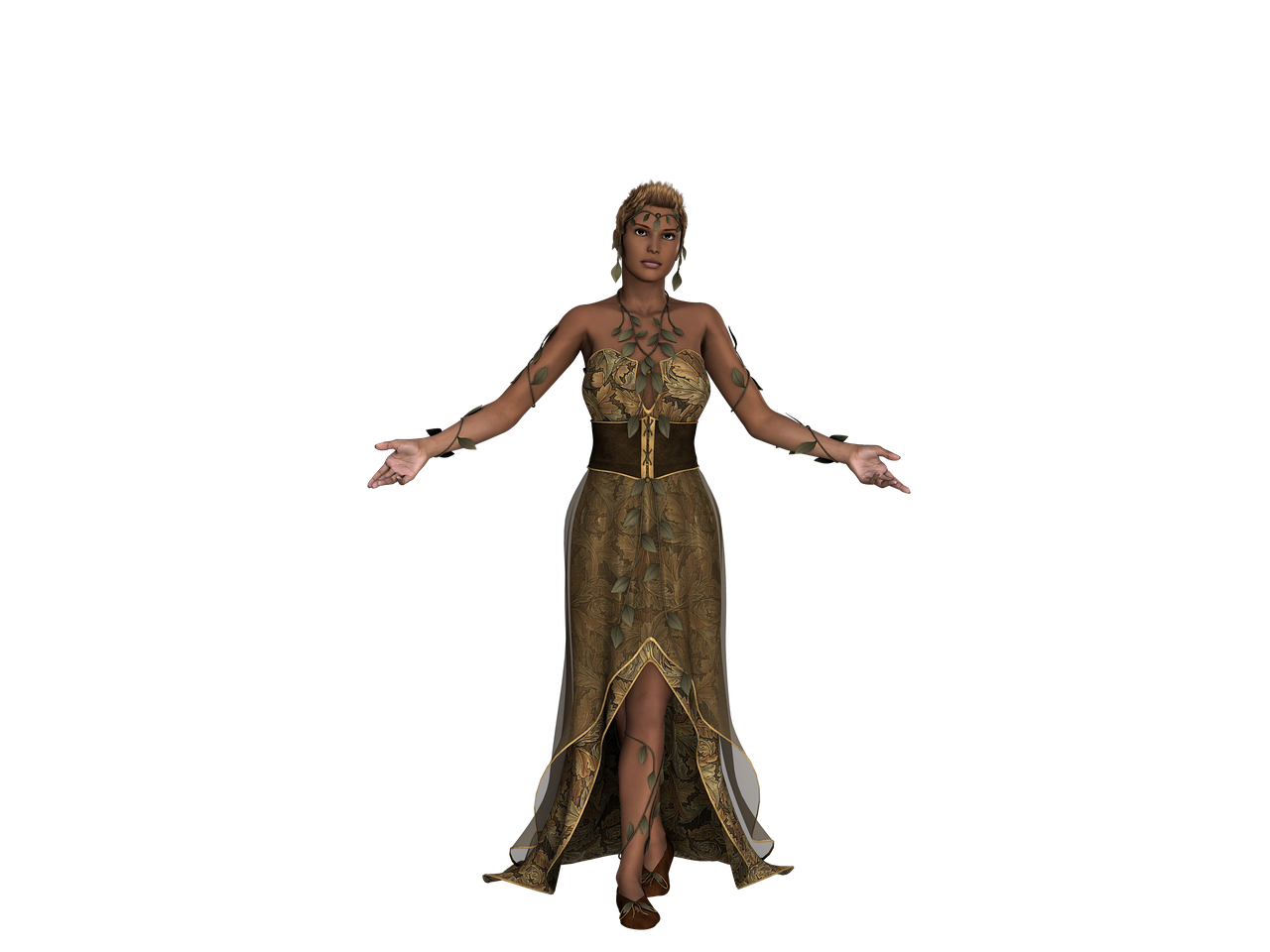 a digital rendering shows a woman with her arms extended out. she is wearing a long, flowing gown with leaf patterns. she also has matching jewelry. the background is black.