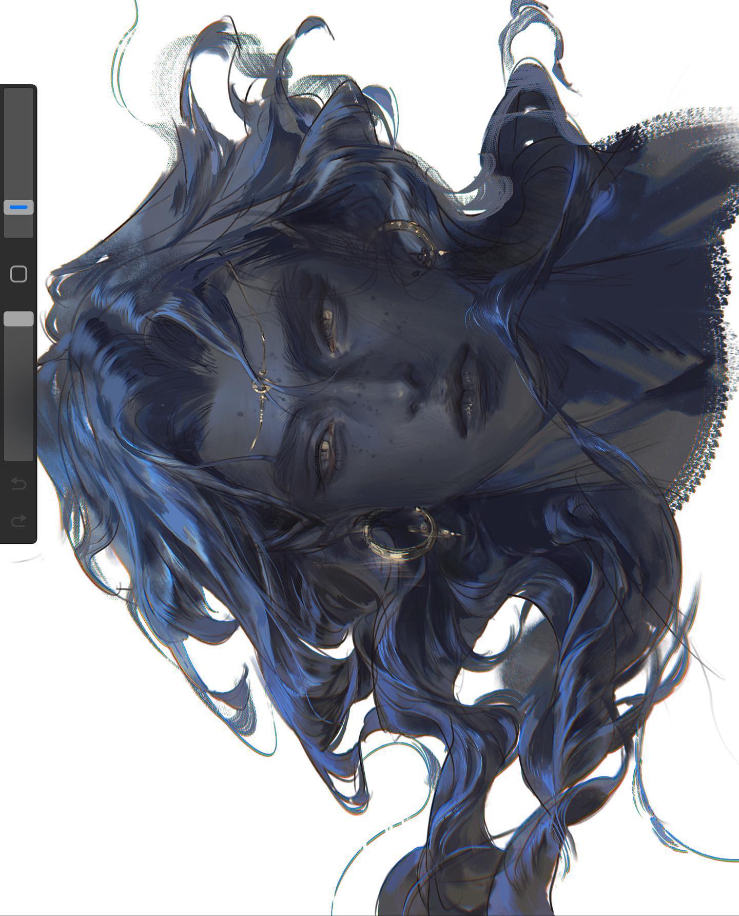 this is a digital illustration of a female dark elf. she has long, flowing blue hair and piercing black eyes. she wears intricate gold jewelry, including earrings and a forehead ornament. the lighting is soft and ethereal, adding to the overall mystical feel of the artwork. the portrait is a closeup, focusing on the subject's face and upper body.