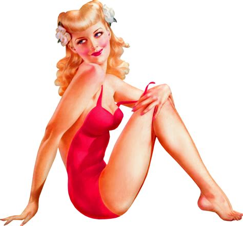 the image is a classic vintage pinup illustration of a blonde woman in a vibrant red swimsuit. she's seated with her legs slightly apart, showcasing her figure.  she wears a flower crown in her hair and has a coy, flirtatious expression. the style is characteristic of mid20thcentury pinup art, emphasizing her curves and beauty in a glamorous and stylized way.  the background is plain white, focusing all attention on the subject.