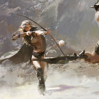 fantasy art piece featuring a woman with fair hair drawing a bow and arrow. she has pointed elven ears, wears goggles, a short top and shorts, boots, and a cape. the scene takes place outdoors with a rocky background. a second person is on the right and looks like they are drawing a crossbow.