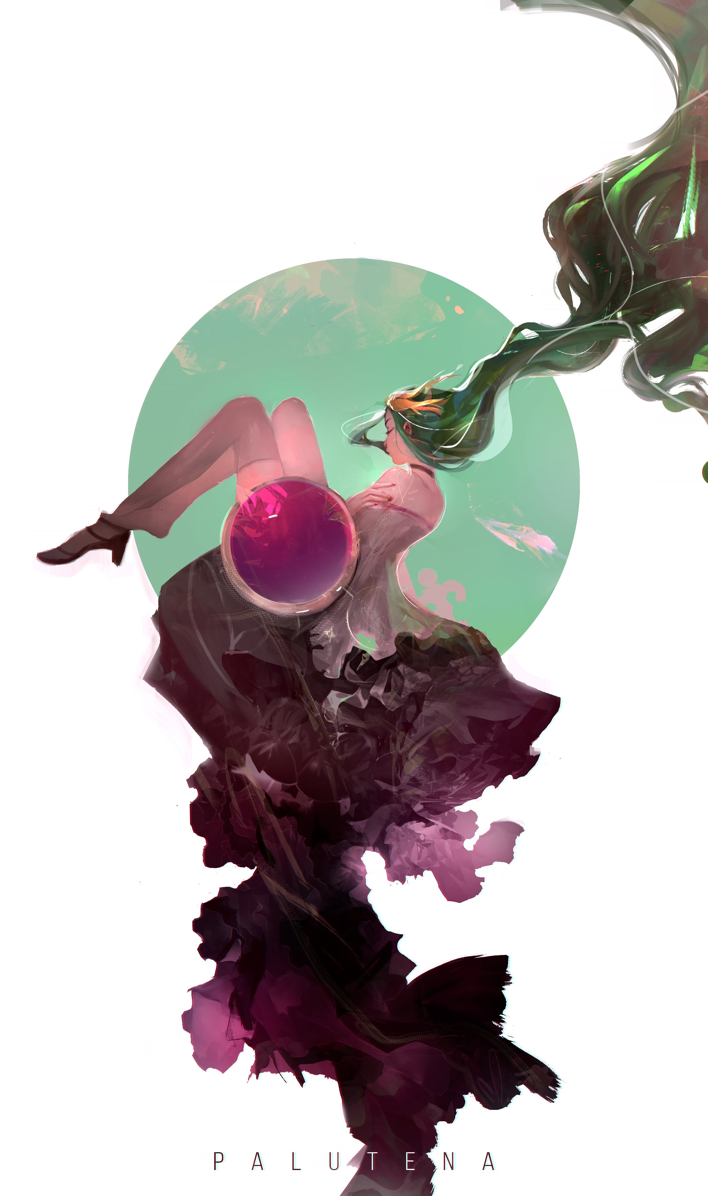 a digital illustration of palutena from the kid icarus series, gracefully floating with her long green hair flowing upward and outward. she's wearing a flowing white and purple dress. a large green circle provides a backdrop for her figure, while dark purple clouds swirl around her lower body.