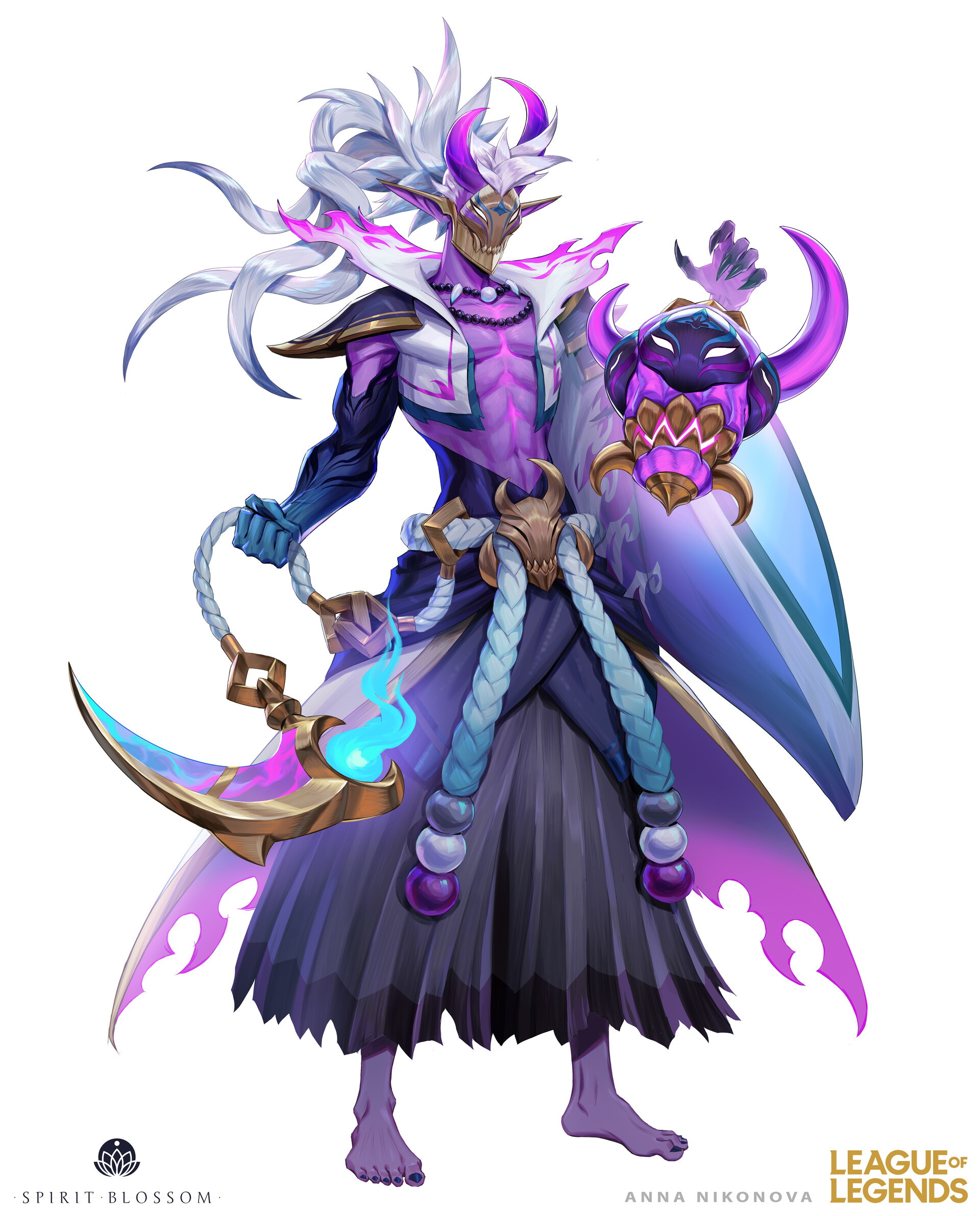 the image showcases a stunning piece of concept art for a character from league of legends' spirit blossom event.  the character is a striking oni or yokailike figure with long white hair, purple skin, and horns. they wear elaborate, flowing purple and white clothing adorned with ornate details and accessories, including what appears to be a skull element on their belt. the character wields a unique, curved scythelike weapon with glowing blue accents and carries a large, ornate shield featuring a masklike object.  the art style is highly detailed and blends anime influences with a fantasy aesthetic.  the image includes the artist's name (anna nikonova) and the league of legends logo, confirming its source and the event's branding. the overall mood is mystical and powerful.
