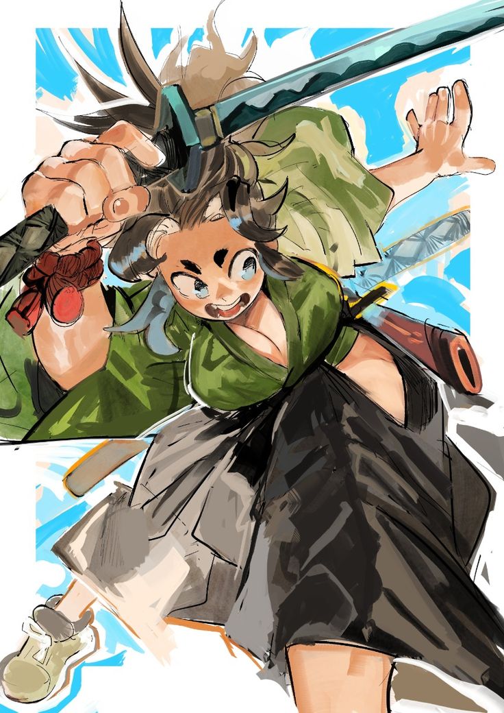 a female samurai with long dark hair and bright blue eyes is captured in a dynamic pose. she lunges forward, her right hand gripping the hilt of her katana as she prepares to strike. she's dressed in a flowing green and black kimonolike outfit.  her hair is tied back with a red ribbon and blue highlights accentuate her hair.  the background features streaks of blue and white.