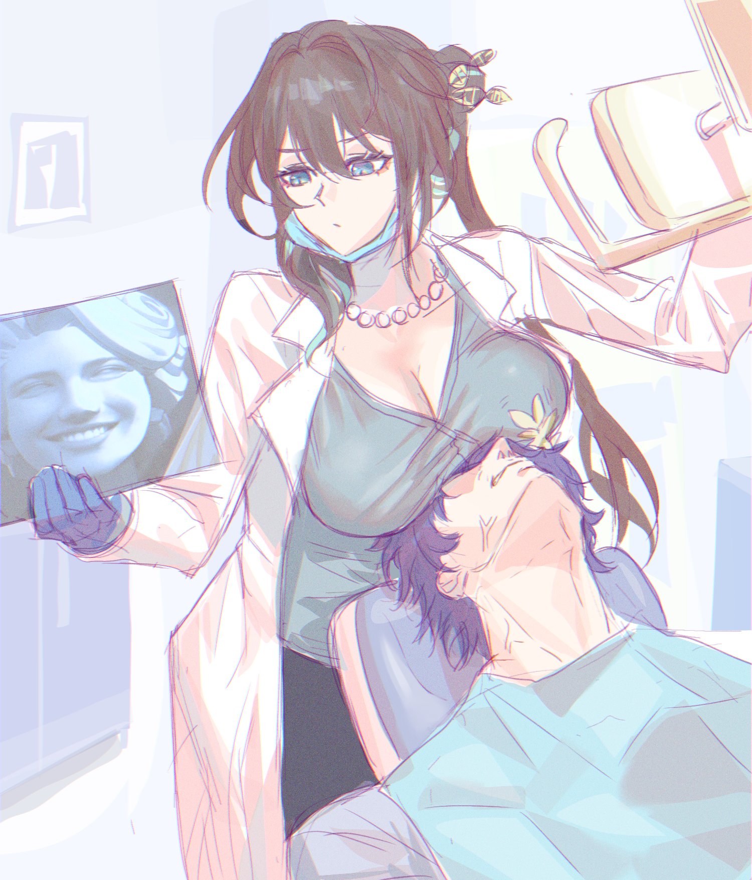 the image is a digital drawing of a female animestyle dentist examining a male patient. the dentist is wearing a white coat and has long brown hair. she is holding an xray image and appears to be looking at it while the patient lies back in a dental chair. the style is soft and pastelcolored, creating a calm and gentle atmosphere. the overall impression is one of professional care and attention to detail.