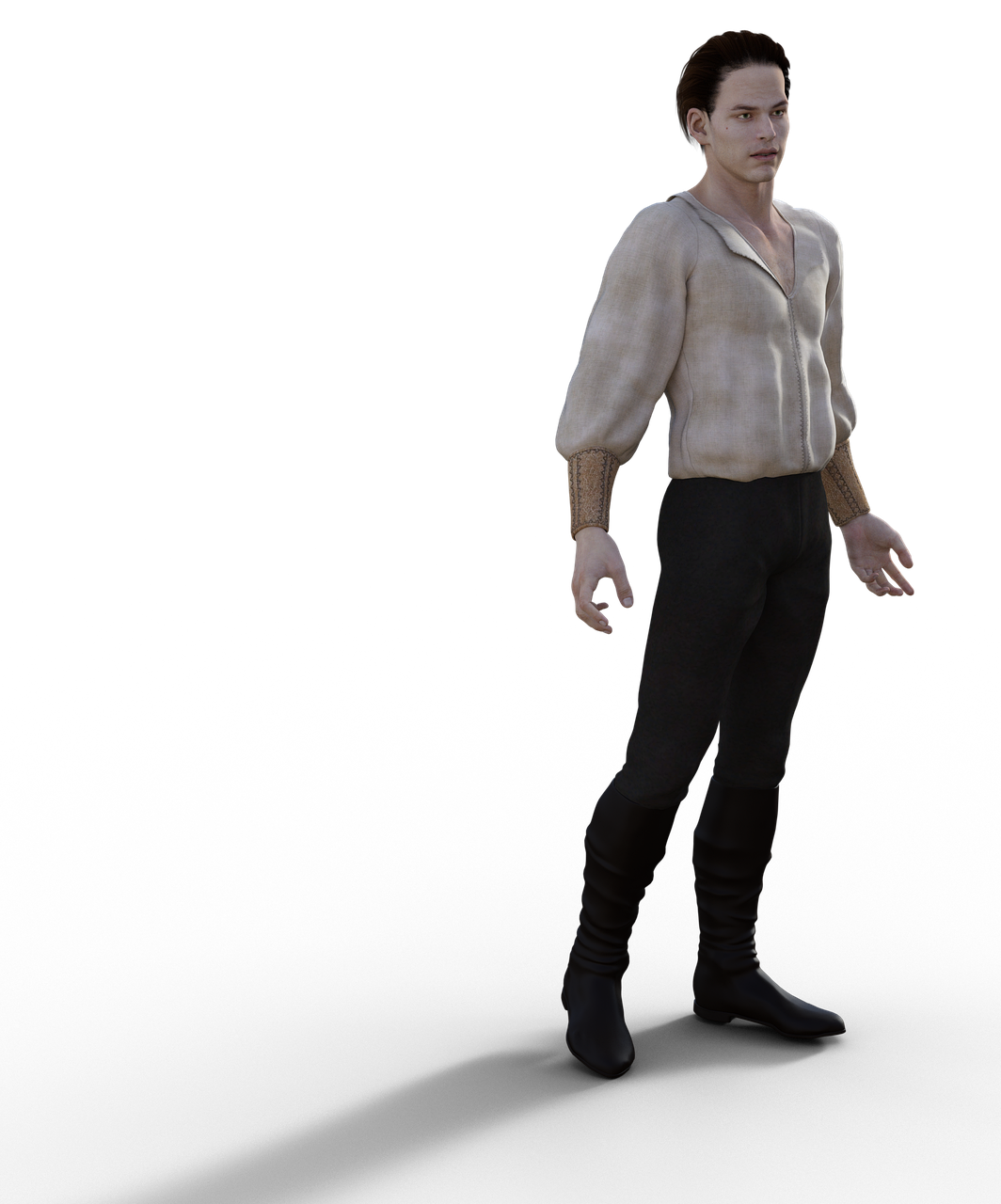 a full body shot of a man in period clothing consisting of a loose white blouse, black pants, and black boots. the background is black.