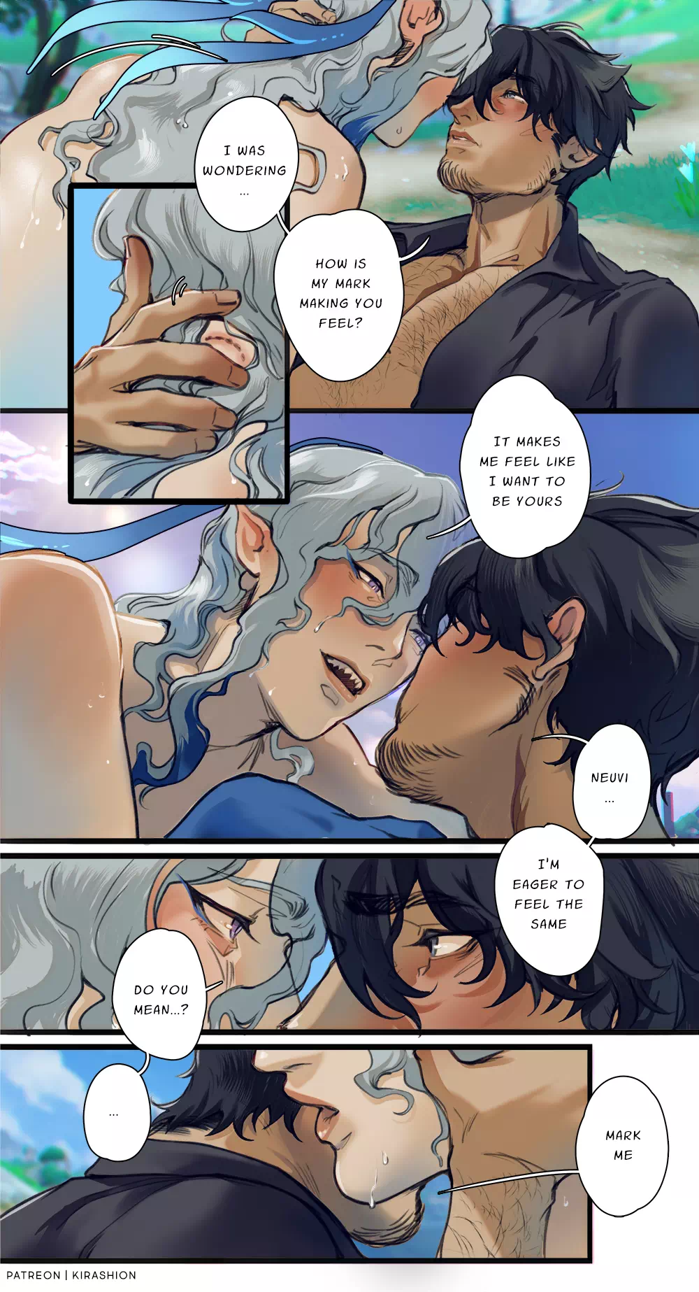 he image is a yaoi manga depicting a romantic and intimate scene between two male characters. the art style is detailed and expressive, with soft coloring and dynamic poses.  the story unfolds through multiple panels, showcasing their affection, a marking on one character's body, and the development of their relationship. the characters are lovingly entwined in various stages of intimacy.  the text bubbles reveal their thoughts and feelings, highlighting the emotional connection between them. the overall tone is romantic and passionate, appealing to fans of the yaoi genre.