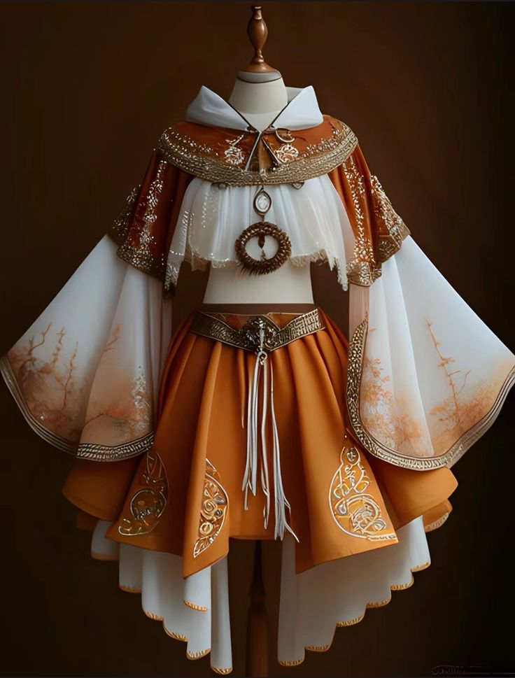 a white and orange dress with gold embroidery and embellishments. the dress has a high neckline and long sleeves. the skirt is aline and has a white petticoat underneath. the dress is complete with a gold belt. the dress looks like something out of a fairy tale.