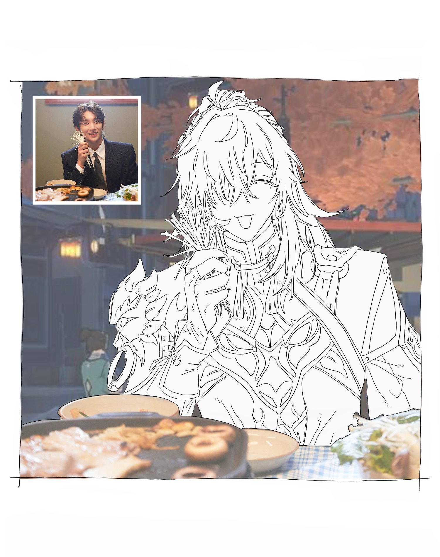 this is a line art drawing of an anime character. the character is a male with long hair, wearing a kimono. he is holding chopsticks and is eating food at a table. the drawing is set in a restaurant with a japanese theme.