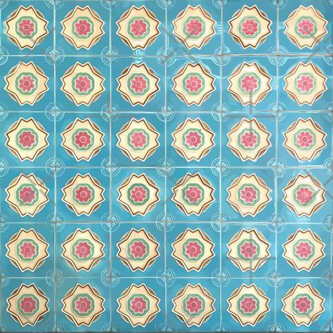 the image shows a section of a tiled floor. the tiles are arranged in a grid pattern, each tile featuring a central starburst motif in shades of pink, green, and cream against a turquoise background. the pattern is repetitive and creates a symmetrical, visually appealing design. the tiles appear to be ceramic or porcelain, and the overall style suggests a vintage or antique aesthetic. the colors are soft and pastel, and the texture of the tiles is visible.  the style is reminiscent of peranakan or chinese tilework.