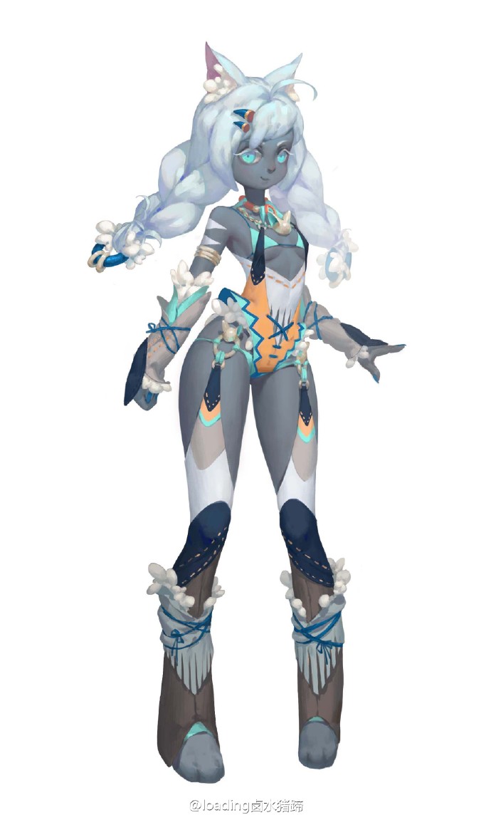 a digital illustration of a young, grayskinned anthropomorphic cat girl with white hair, wearing minimal tribalinspired clothing that is primarily teal and orange in color. she is posed slightly turned with her left hand out.