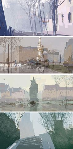the image consists of four panels, each depicting a different view of a city scene. the overall atmosphere is hazy and muted, with a limited palette of cool blues, grays, and greens. the top panel shows a street lined with trees, leading to a distant building. the second panel focuses on a monument in a square surrounded by buildings. the third panel offers an aerial perspective of the city, with the river running through it. the bottom panel depicts a set of steps leading upwards, framed by trees on either side. all four panels share a consistent style and contribute to the impression of a tranquil yet slightly melancholic cityscape.