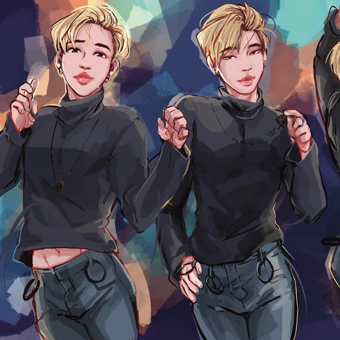 the illustration features two animestyled male characters, both with blonde hair and black turtlenecks, posing dynamically. the character on the left is facing the viewer with a slight smile, while the character on the right is looking to the right of the image and pointing with his left hand. the characters' outfits include blue jeans and silver chains. the background features a vibrant color scheme, using blue, purple, and yellow hues.  the overall illustration showcases a dynamic and energetic style.