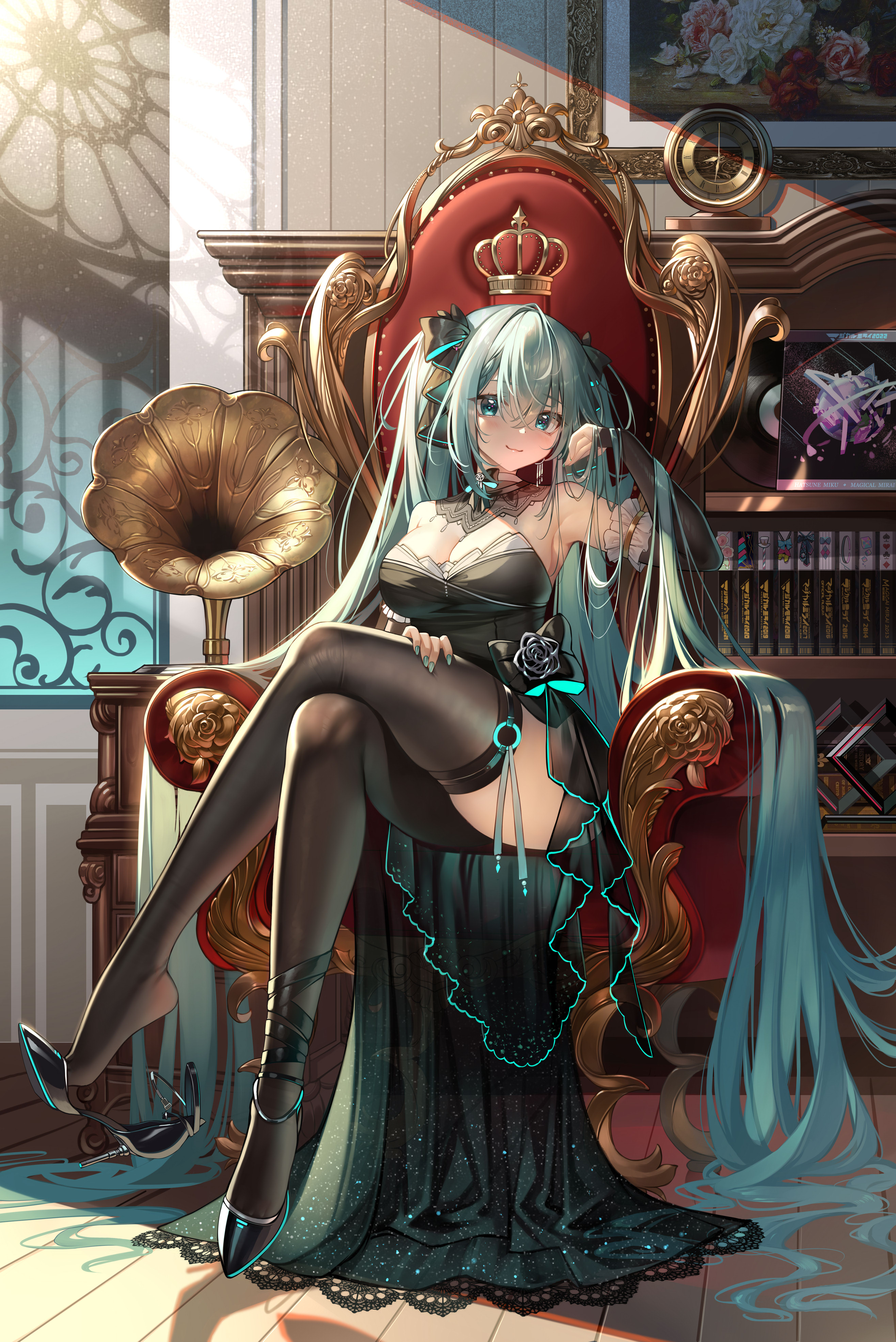 the image depicts hatsune miku, a popular vocaloid character, sitting regally on an ornate gold throne. she's wearing a dark teal and black elegant dress, a crown, and black high heels. her long teal hair flows around her, and she is posed elegantly with her legs crossed. the setting is a luxurious room with a gramophone, bookshelf, and other period details. the overall style is anime/manga, with a beautiful and sophisticated presentation.