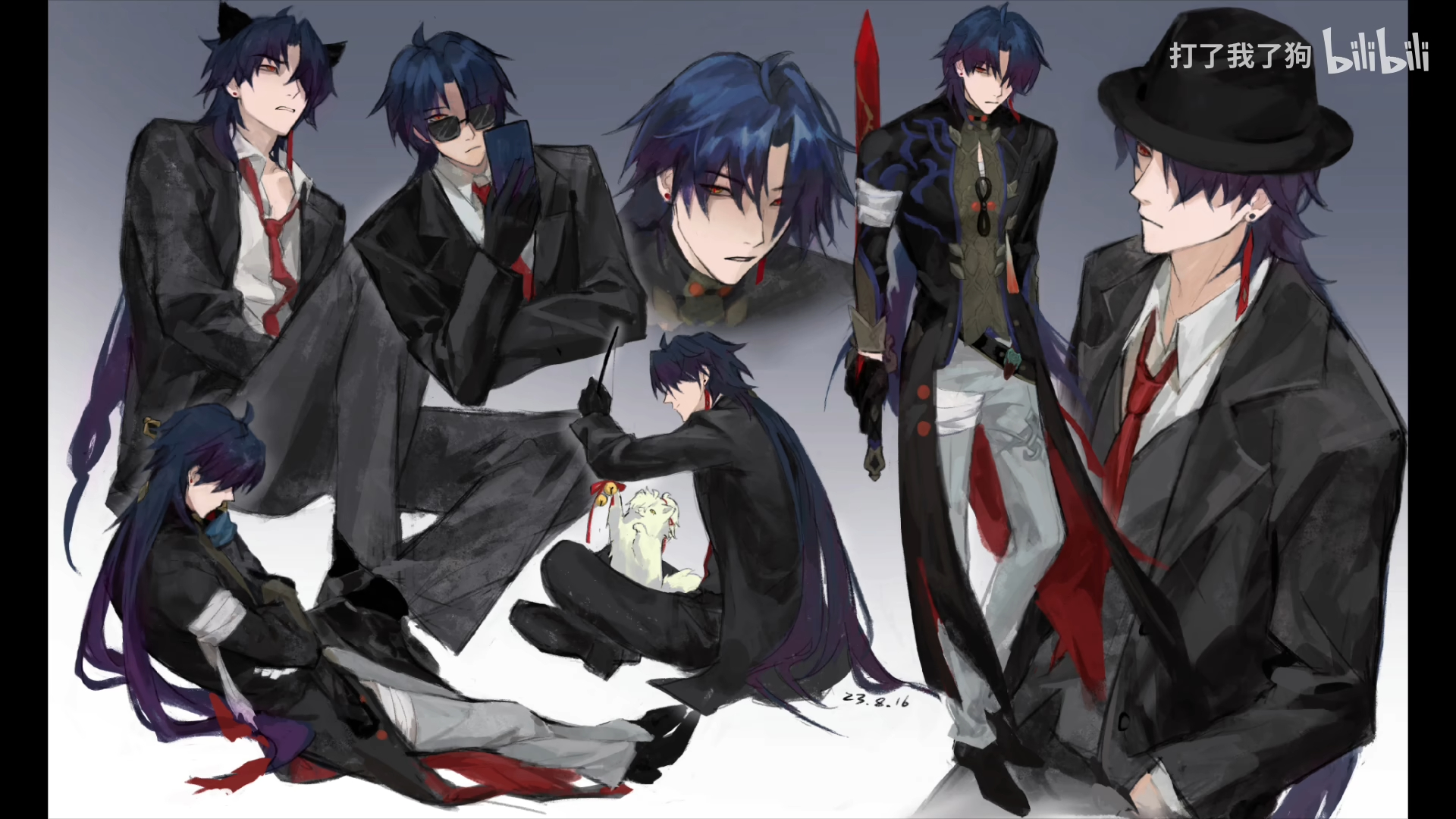 the image shows 5 different animestyle men in a group.  they are all wearing suits and hats, and they all have unique hair styles. the man in the middle is sitting on the ground with a small white animal, and the other men are standing around him.  the men are all looking at the viewer, and they all have a cool and confident expression.  the background of the picture is white, which helps to highlight the men and their clothing. the picture has a lot of details that make it interesting and visually appealing. the colors are bright and bold, and the characters are welldrawn.