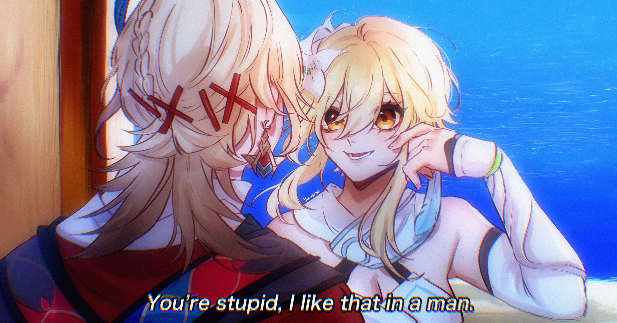 two anime girls are standing close to each other, looking into each other's eyes. the girl on the left has long blond hair and is wearing a red and black outfit. the girl on the right has short blond hair and is wearing a white and blue outfit. the background is a blue and purple gradient. the text "you're stupid, i like that in a man." is written on the image. this is a digital illustration of a romantic scene.