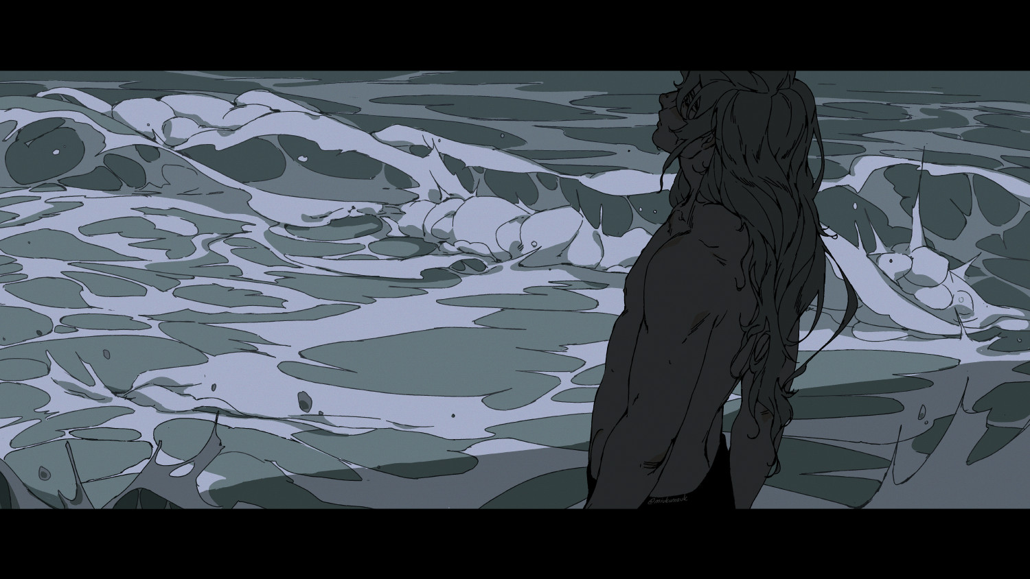 a digital illustration of a male figure with long dark hair standing on a beach with waves crashing behind him. the figure is outlined in black against a grey and blue seascape, creating a dramatic and abstract scene.