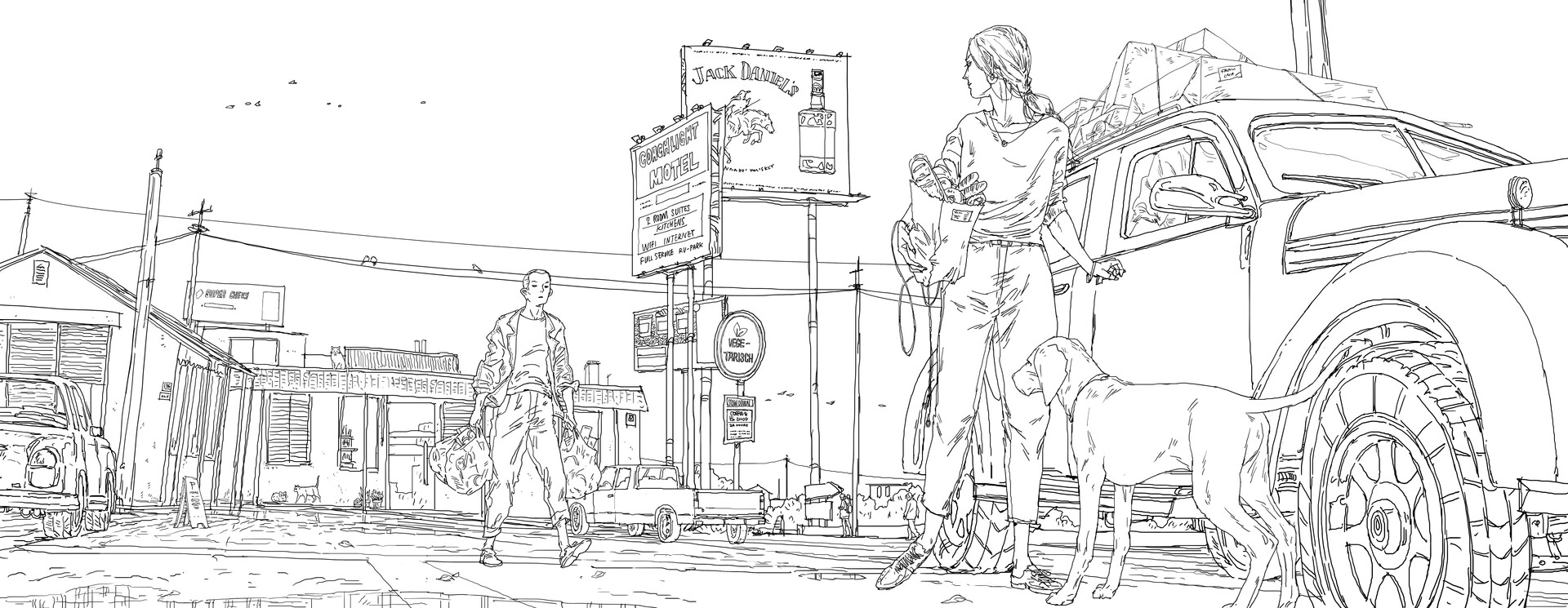 a black and white sketch of a street scene with a car, truck, and a motel sign. there is a woman with a dog and a man walking down the street. the scene appears to be a road trip or a travel scene.