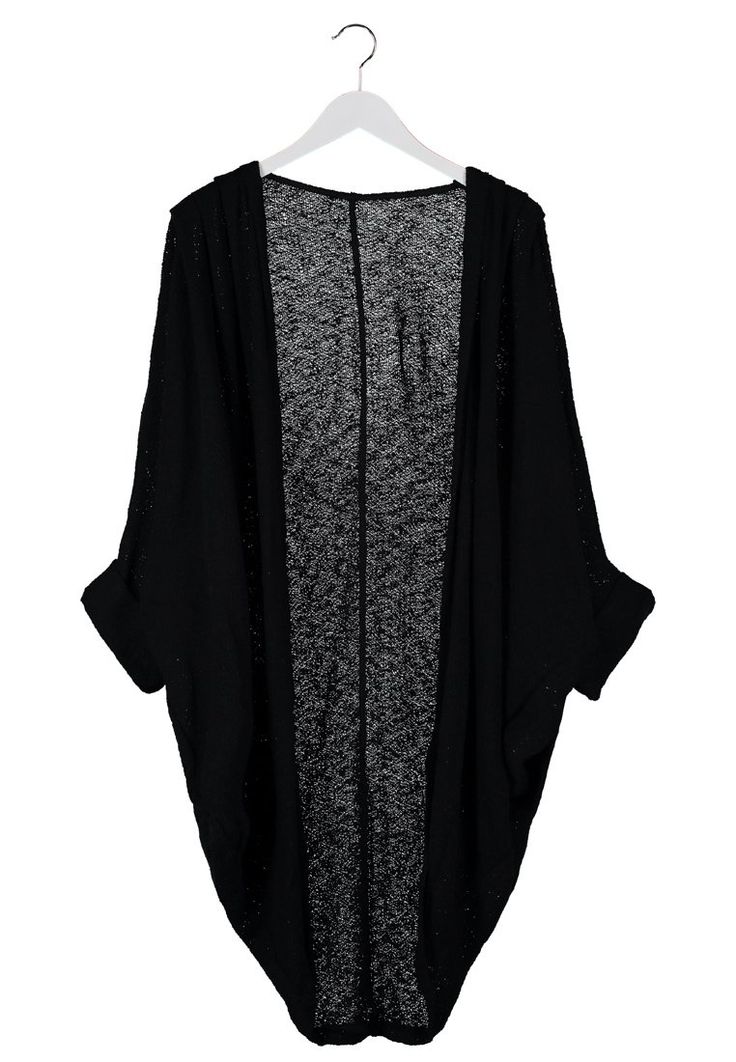 a black, openfront cardigan is displayed on a white hanger against a white background. the cardigan appears to be made of a lightweight, slightly sheer fabric, with a denser weave in the center panel. the sleeves are short, and the overall shape is loose and flowing.