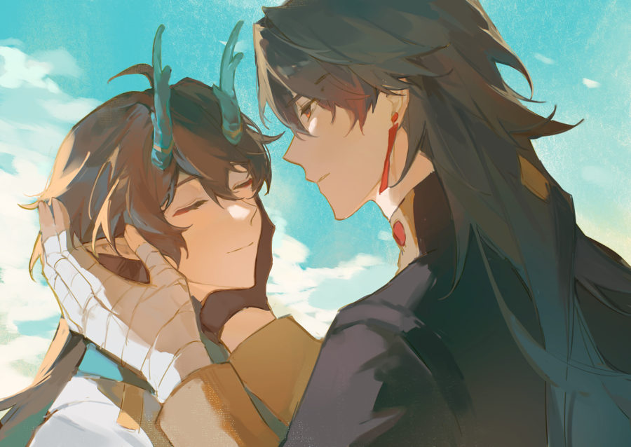 the image depicts a romantic scene between two anime boys. the boy on the left is wearing a teal and white outfit, and the boy on the right is wearing a black and gold outfit. they are hugging and looking into each other's eyes with affection. the background is a soft blue sky with fluffy white clouds. the overall mood of the image is peaceful and serene, conveying a sense of love and happiness.