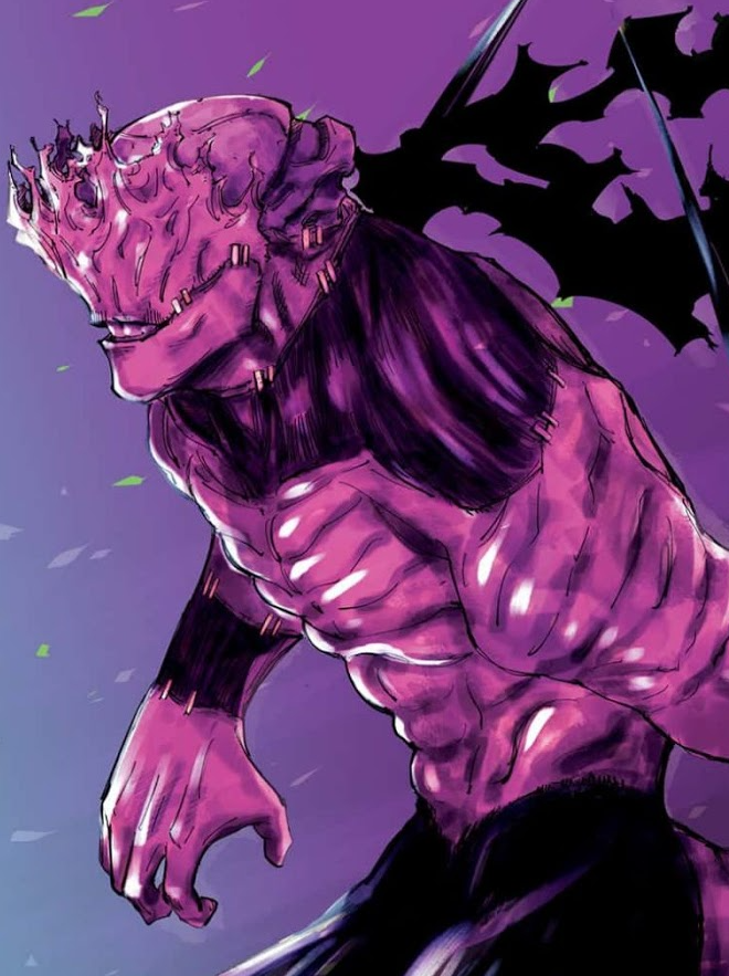 the image showcases a fearsome, pinkskinned monster with sharp claws, teeth, and prominent wings. it is set against a purple sky, suggesting a fantastical setting. the low angle view emphasizes the creature's menacing presence.