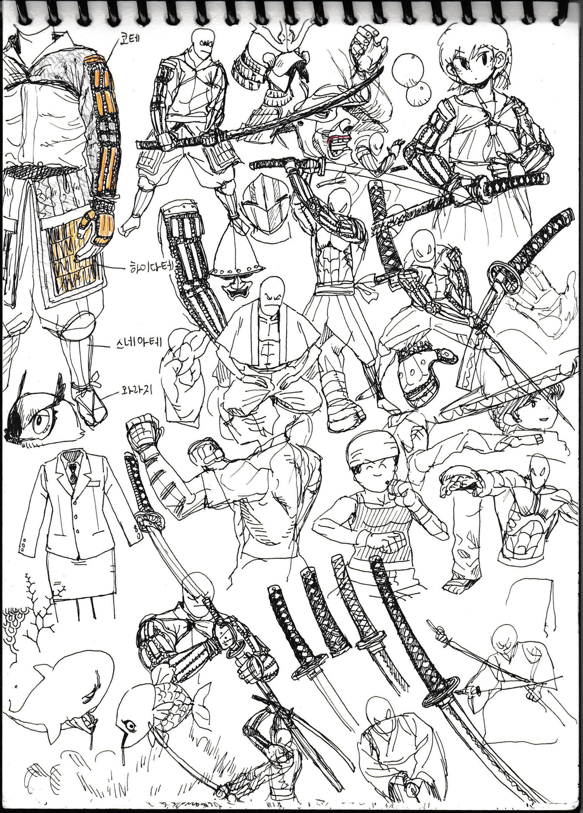 this is a black and white sketch of a bunch of animeinspired characters. the style is very sketchlike and the lines are loose and free flowing. there are characters with swords, some are wielding them and others are just holding them. the characters are in a variety of poses, some are standing, some are sitting and some are in midair. they are all in a battlelike scene.  the sketch is very dynamic and full of energy. it's a great example of the style of drawing that is used in anime and manga.
