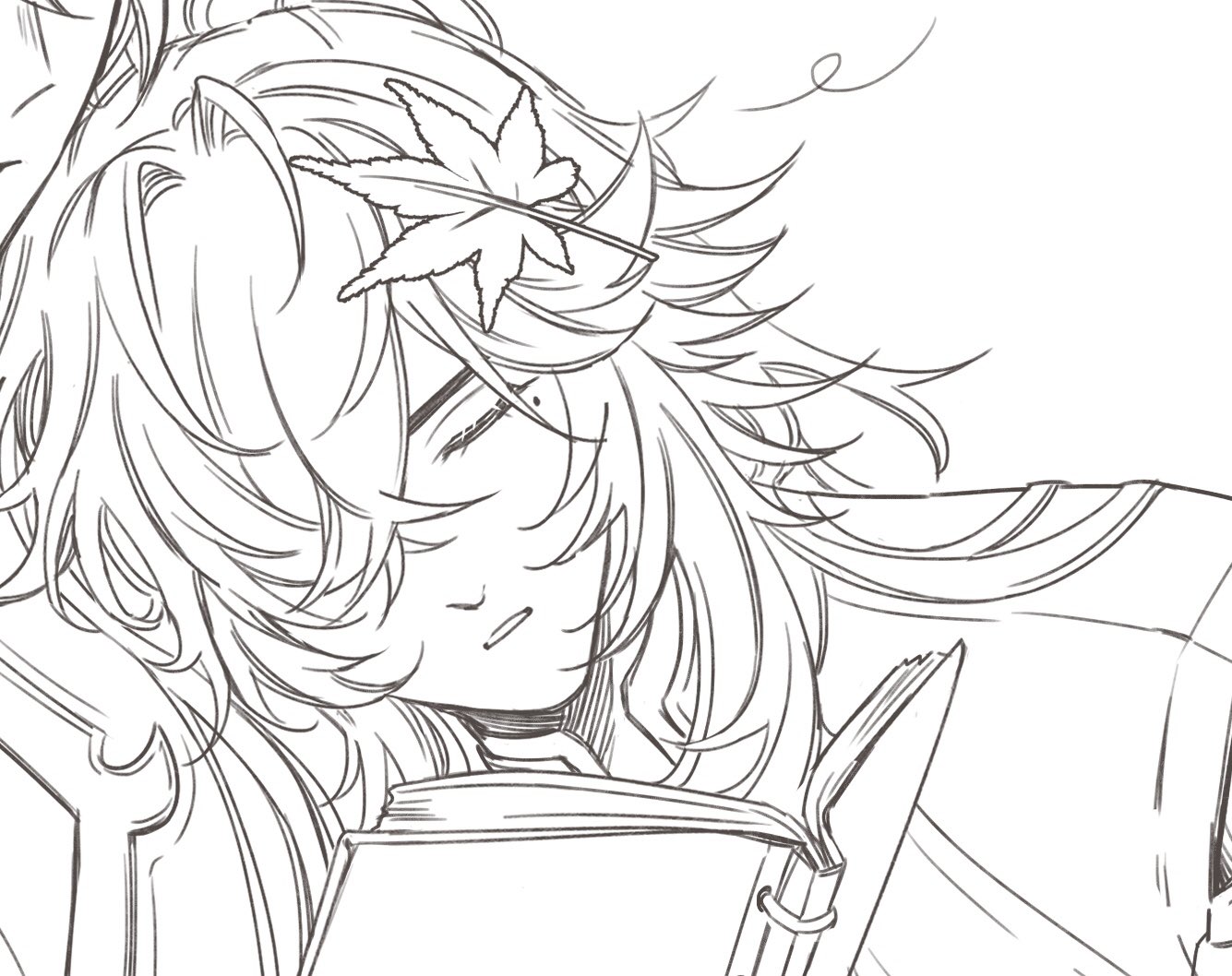 this is a sketch of an anime girl with long, flowing hair asleep on a book. she has a single maple leaf on her head, and her closed eyes look very peaceful. the image has a delicate and cute feel, and captures the relaxing nature of a nap.