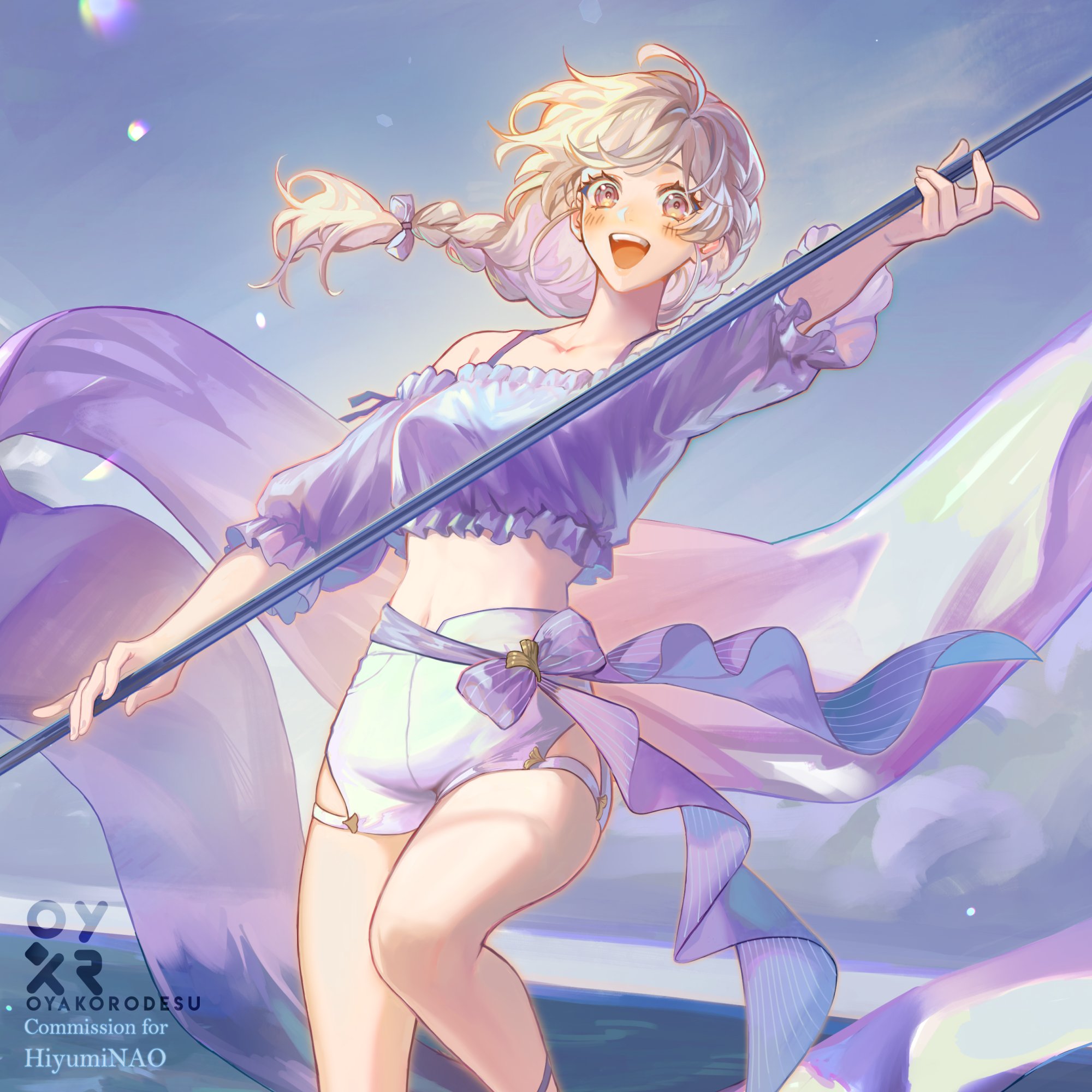 a digital illustration of a beautiful anime girl with blonde hair and blue eyes. she is wearing a white dress with a purple ribbon and a big smile on her face.  the girl is standing in a beautiful landscape of blue sky, clouds, and sea. the illustration is very detailed and the girl is very cute and adorable.