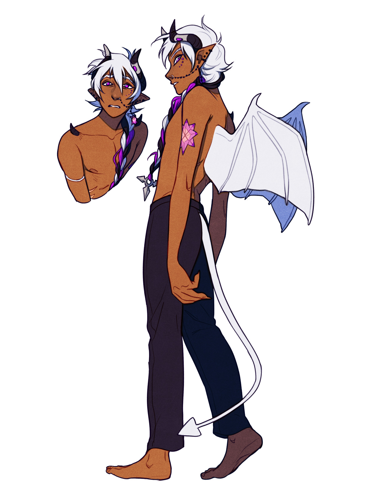 a fullbody character design concept of a demon character with white hair styled in a long braid. they have pale blue and white wings, brown skin, a white tail with a heartshaped barb, and two small black horns. the demon is wearing dark pants and no shirt, revealing a toned physique and various scars. there is a smaller bust sketch next to their head, showing a sadder expression.