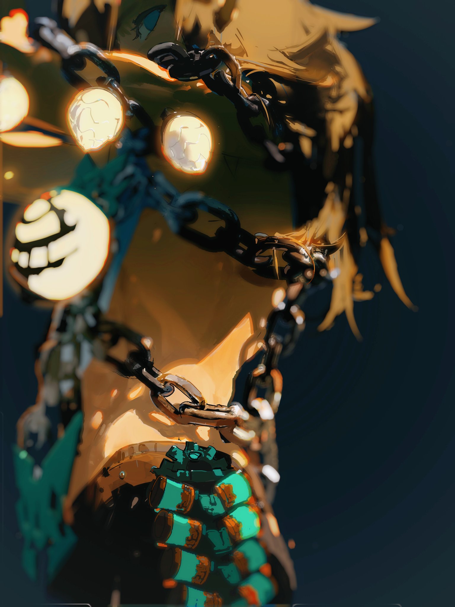 a closeup image of an anime woman.  she has long, flowing hair and is wearing a glowing necklace of chains. her eyes are wide open. she is looking up and to the right. the background is blurred. the image is rendered in a digital art style.