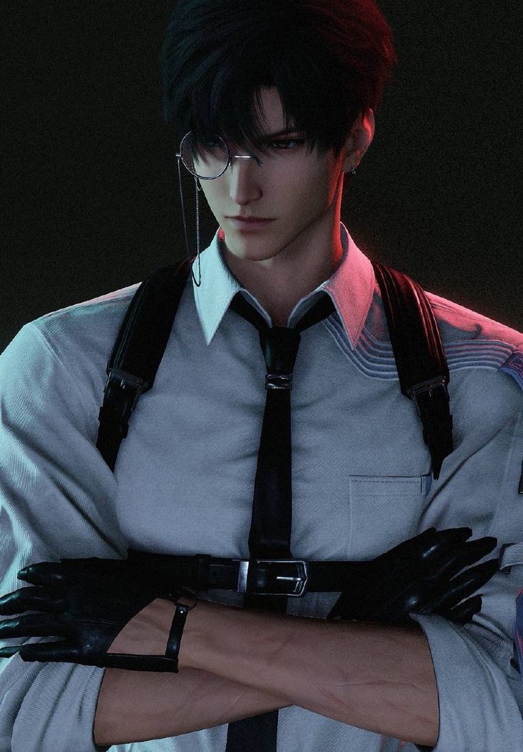 a 3d rendered image of a young, handsome man with black hair,  wearing a white shirt, black tie, and a black  monocle. he is looking down with a serious expression and has his arms crossed, with black leather gloves on both hands. the man is surrounded by shadows, lit by a dark blue light on the left side of his face and a red light on the right side of his face.  the overall mood is mysterious, elegant and cool.