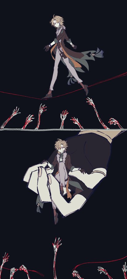 the image is a digital illustration or drawing that appears to be from an anime or manga style. it is divided into two parts. the top part shows a young man with blond hair, wearing a coat and pants, walking a tightrope.  below him and above are numerous disembodied, reaching hands, some appearing bloody or scarred, suggesting a sense of danger or precariousness.  the bottom part shows the same young man, now much smaller, being held gently but firmly in a large disembodied hand.  similar disembodied hands are again seen below, further reinforcing the theme of entrapment or control. the overall tone is dark, mysterious, and suggests a sense of unease or suspense. the style is stylized and somewhat surreal.