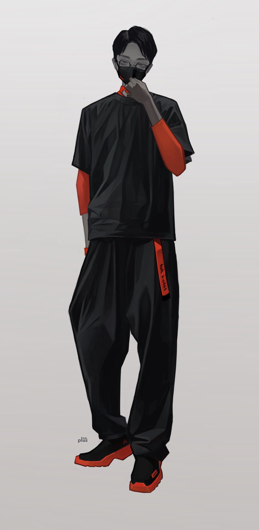 he image is a digital illustration of a stylish animestyle boy. he's wearing a black tshirt and loosefitting black pants, accented with red details on the sleeves and a red belt. he also sports black shoes with red soles, glasses, and a black mask covering his mouth and nose. the illustration is rendered in a modern, clean aesthetic with soft shading and bold lines. the overall vibe is cool and trendy, showcasing a unique fashion sense. the character appears to be standing casually, and the background is a plain grey, keeping the focus entirely on the character.