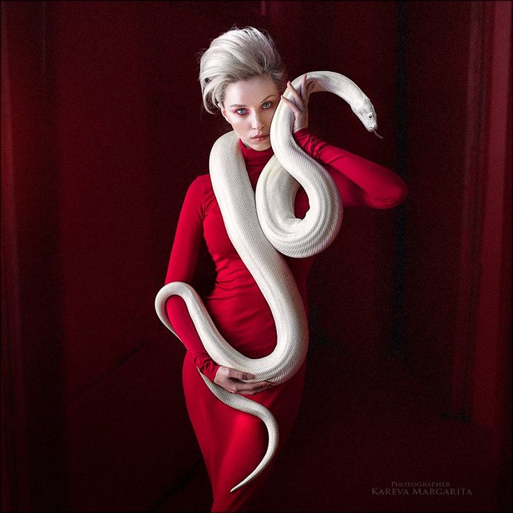 a woman in a red dress poses with a white albino snake wrapped around her neck and body. the background is a solid red. the woman has white blonde hair. she is looking directly at the camera. the image is a portrait of the woman, with the snake as a prop.