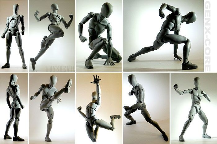 this is a set of nine images showcasing different poses of a grey, poseable action figure. the figure is designed to be a reference for artists and sculptors, as it allows for a wide range of dynamic poses. the figure has a realistic human anatomy, but is made of plastic or similar material. the images show the figure in various poses, demonstrating its flexibility and articulation. the figure is a useful tool for artists and sculptors who want to create realistic human figures.