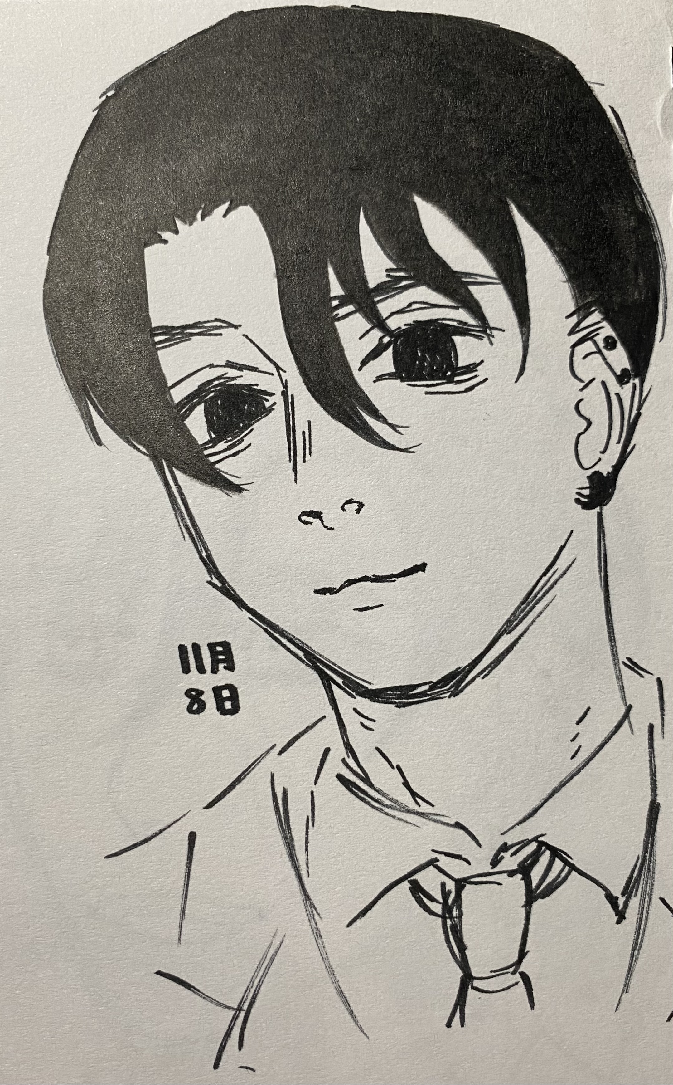 a detailed black and white ink drawing of a young man with short, dark hair.  he has a slightly melancholic expression. the style is reminiscent of manga or anime artwork.  he's wearing a collared shirt and tie.  the drawing includes a date written in japanese characters (likely a date when the sketch was made). the artist has captured a calm and somewhat pensive mood.