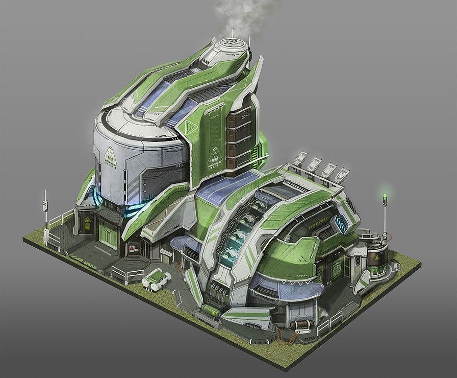 the image depicts a futuristic, multilevel building with a distinct green and white color scheme. its design is intricate and angular, featuring various panels, vents, and interconnected structures. the building seems industrial in nature, possibly a power plant or a factory, as suggested by the presence of large pipes and a chimney emitting smoke. the image's perspective offers a comprehensive view of the building's complexity and scale.