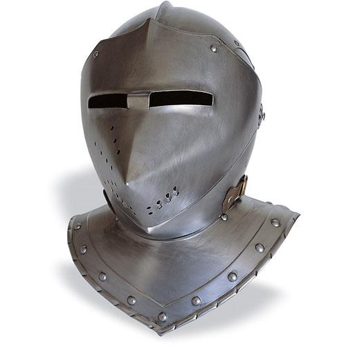 a closeup view of a medieval knight's helmet, crafted from polished steel. the helmet features a distinctive pointed visor with ventilation holes and rests against a plain white background, highlighting its craftsmanship and metallic sheen.