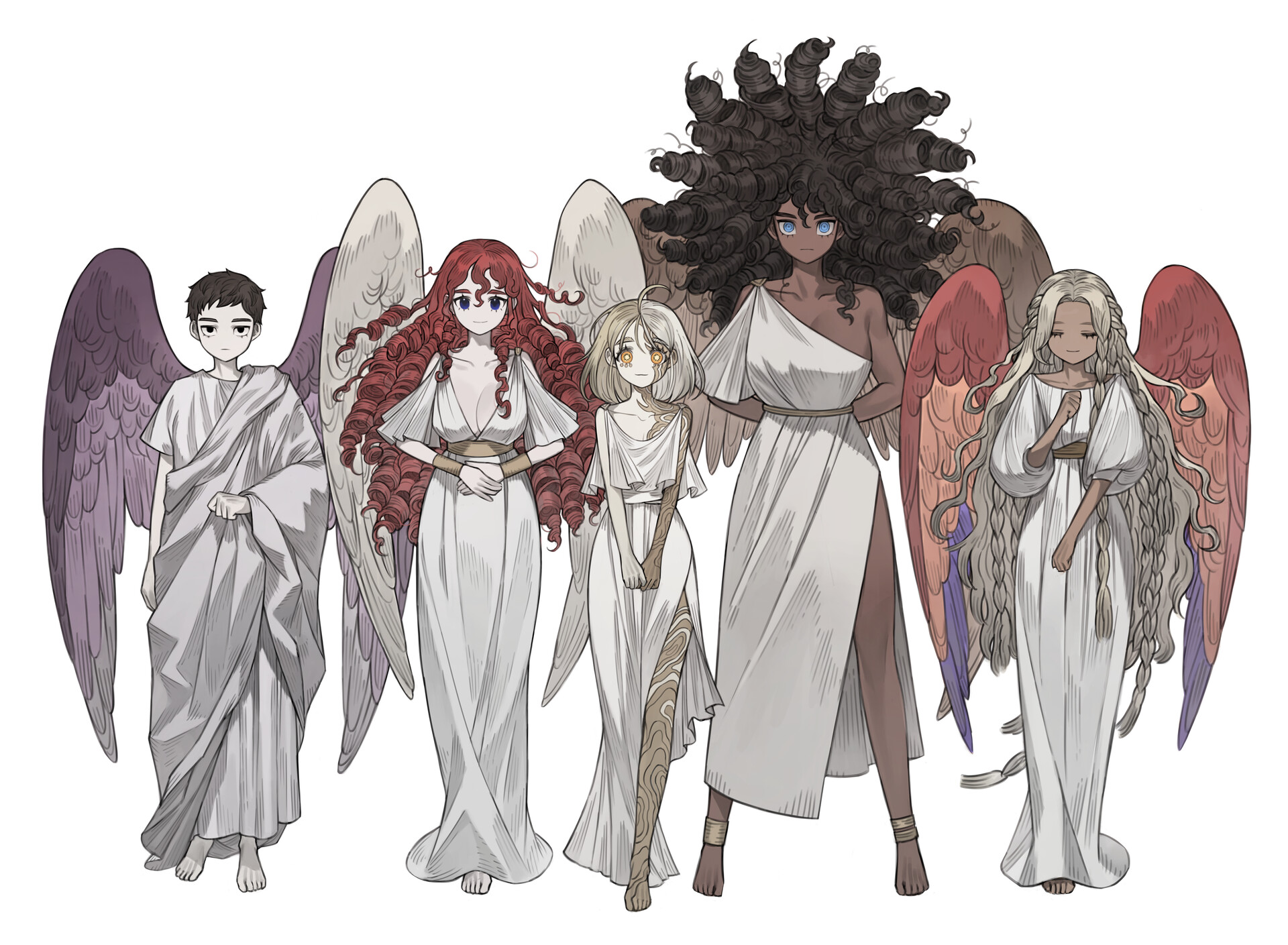 the image showcases five stylized angels, each distinct in appearance but unified by their white gowns and feathered wings. they stand in a line against a white background, creating a sense of ethereal grace.  the angels vary in age, gender, and ethnicity, suggesting diversity within their celestial ranks. their expressions are serene, hinting at inner peace and wisdom.