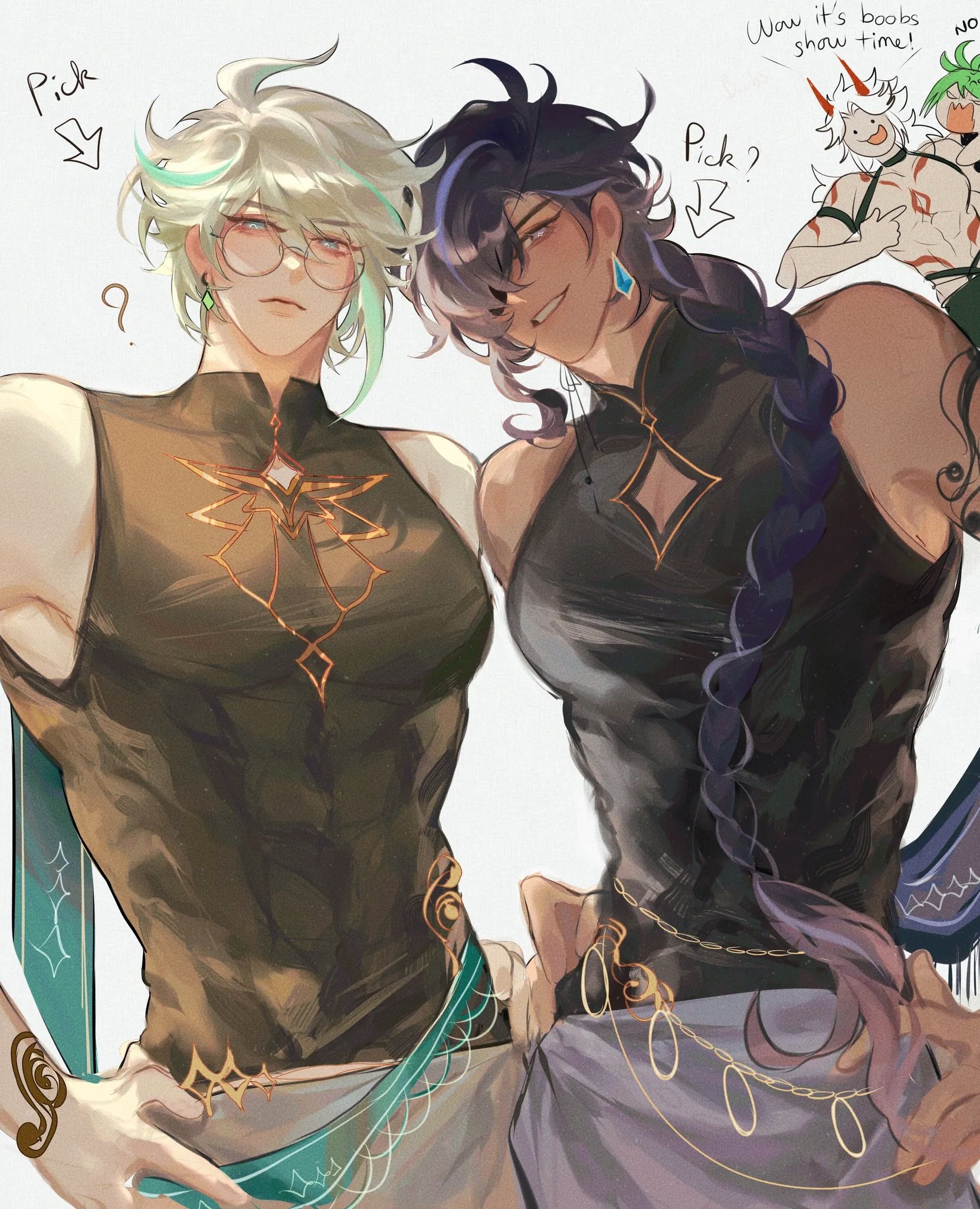 the image is a piece of fanart depicting alhaitham and xiao, two male characters from the popular video game genshin impact.  both are depicted in stylized, attractive poses wearing partially traditional chineseinspired clothing, showcasing their physiques.  alhaitham has shoulderlength light green hair and glasses, while xiao has long dark purple hair styled in a braid. the art style is animeinfluenced, with a focus on expressive eyes and detailed clothing. in the background, there are smaller, less detailed figures, possibly referencing other characters from the game. text on the image playfully suggests a choice between the two main figures, with suggestive comments hinting at fanservice. the overall mood is lighthearted and suggestive, typical of fanart created for entertainment and sharing among fans.