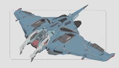 a side view of a futuristic blue fighter jet concept.  it has sharp angles and a sleek design, with a prominent cockpit and engines.